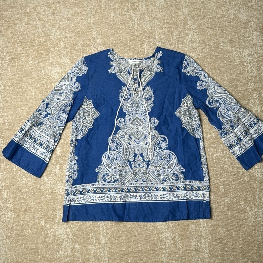 Counterparts Women's Tunic Cotton Blue Ruffle Sleeve Blouse Small